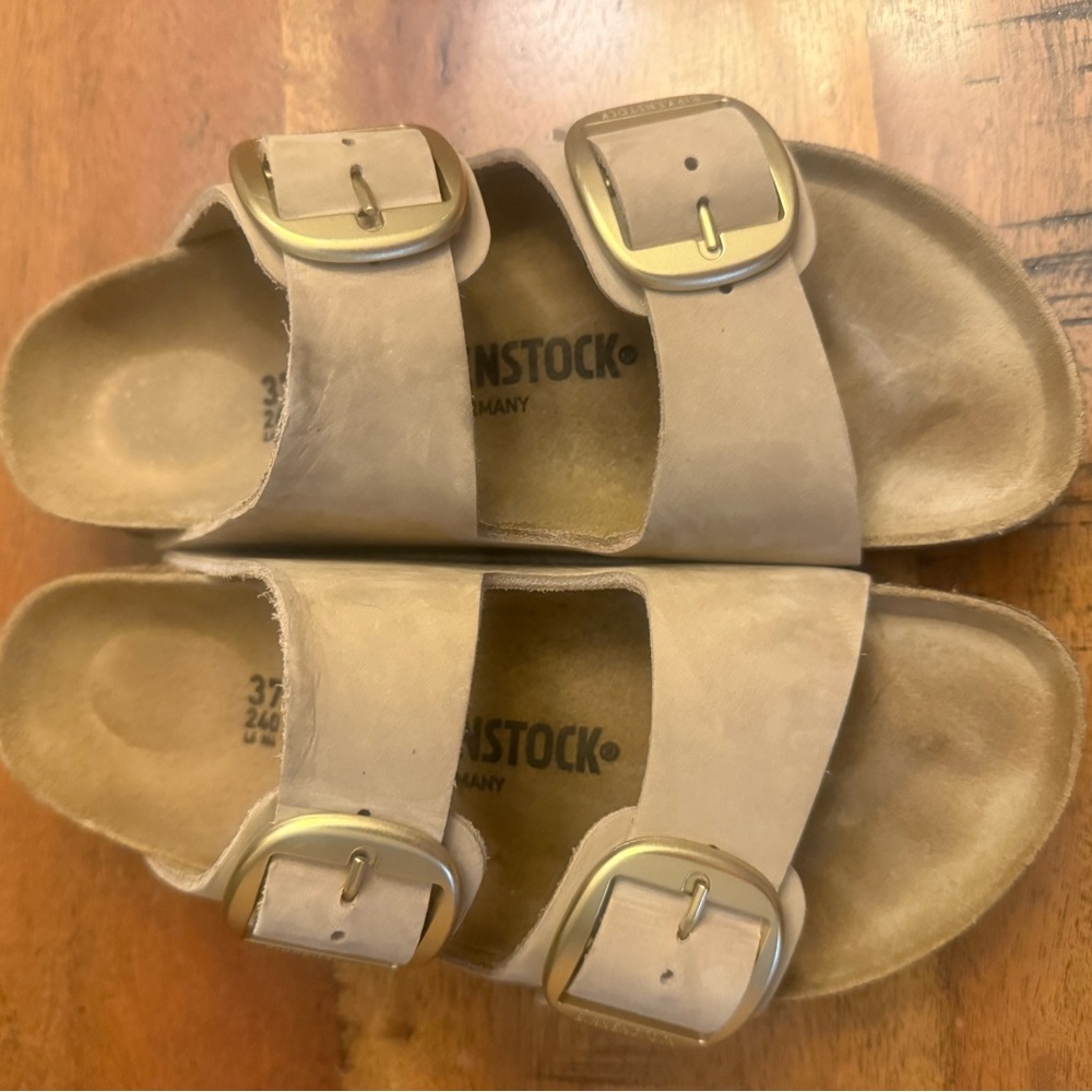 Birkenstock Beige Sandals with Brass Buckles